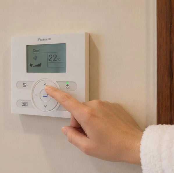 Una mano ajustando un termostato instalado en la pared, con pantalla digital que muestra una temperatura de 22 grados Celsius.