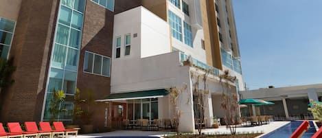 Outdoor pool, pool umbrellas, pool loungers