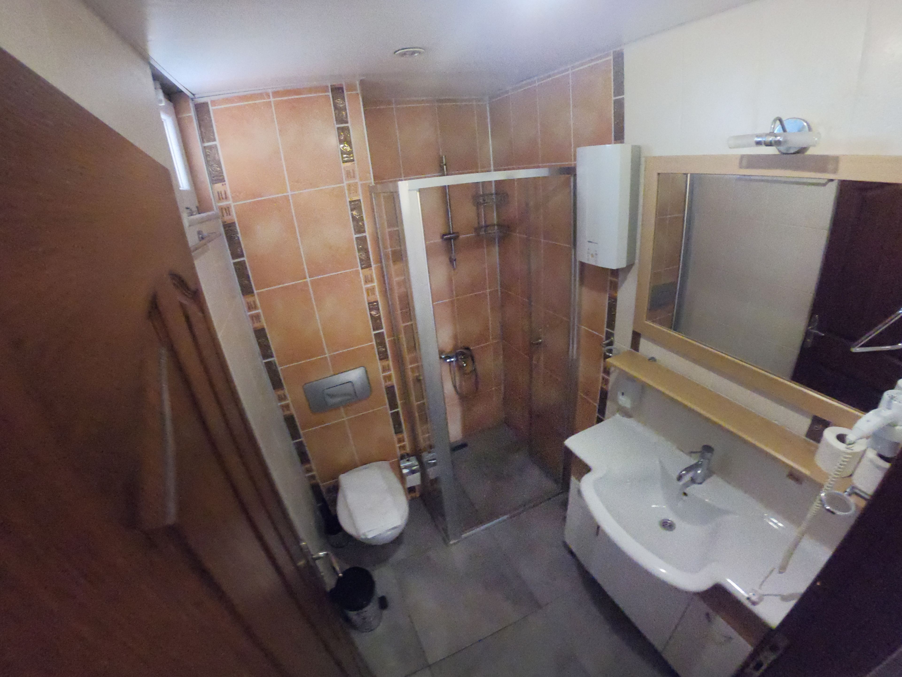 A bathroom with a shower, toilet, sink, and mirror.