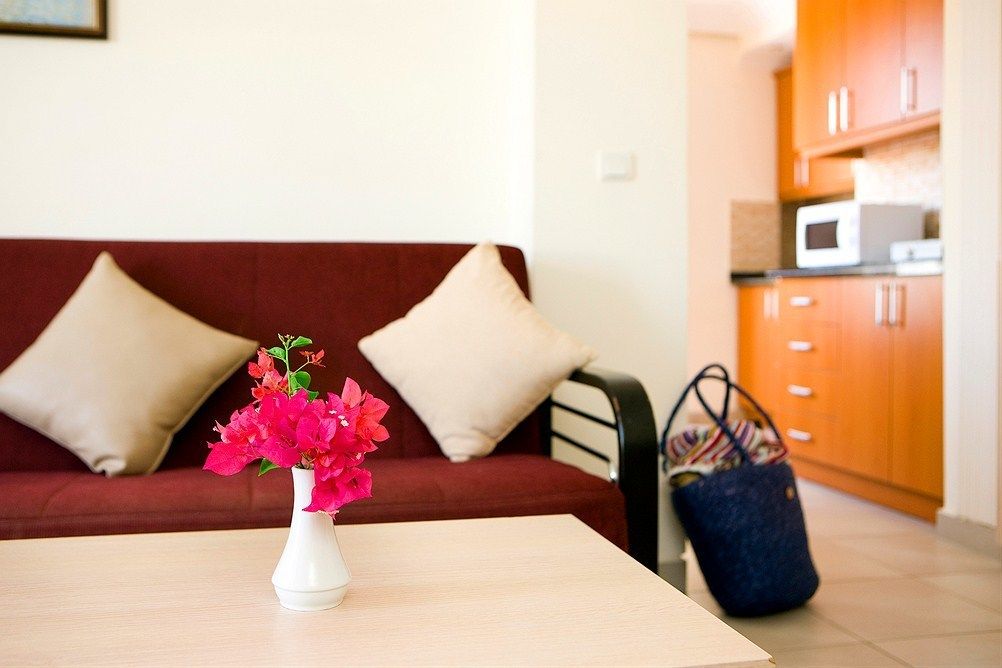 A living area with a sofa, a table with a vase of flowers, and a kitchen in the background.