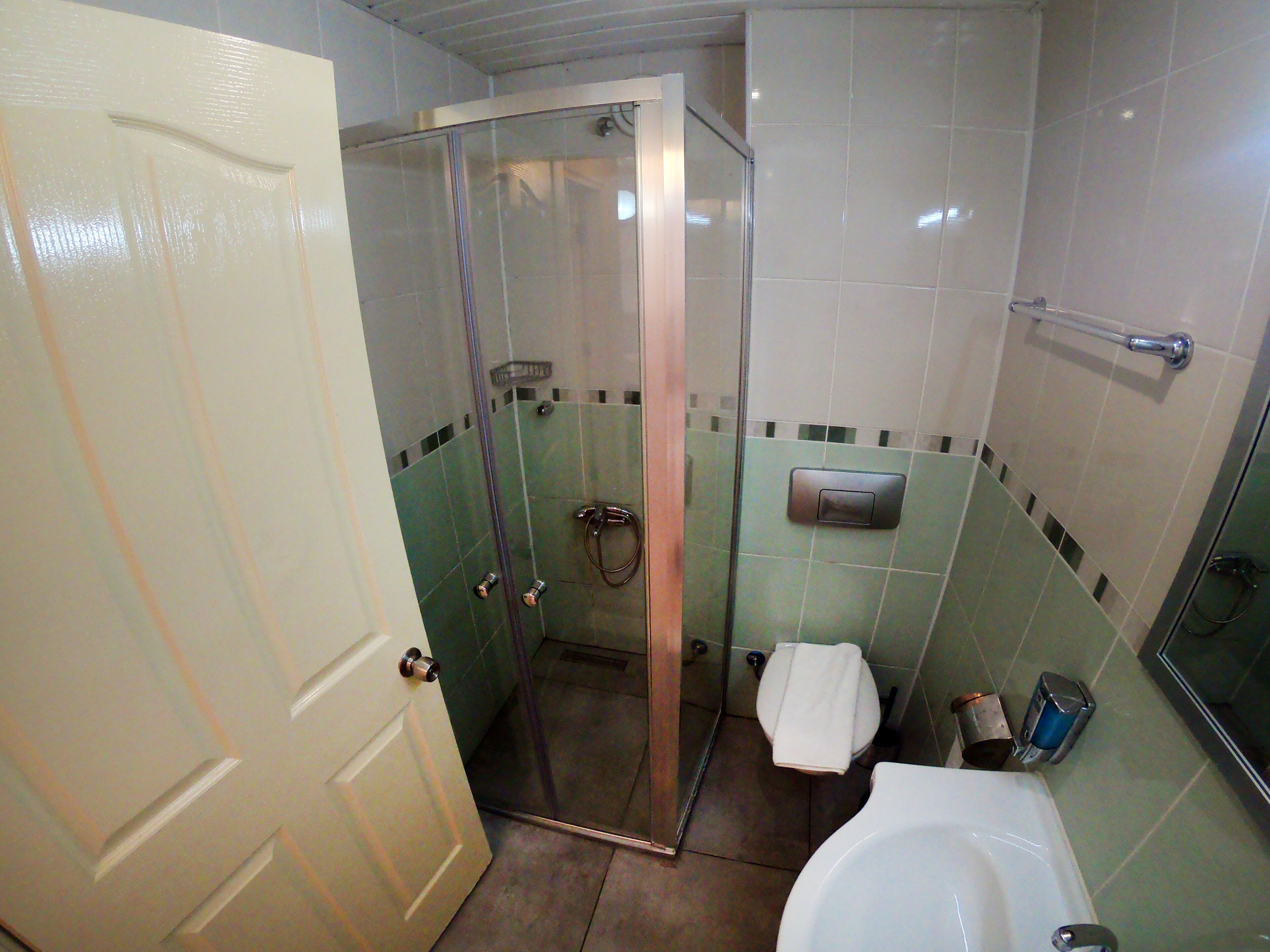 A bathroom with a glass-enclosed shower, a toilet, and a sink.