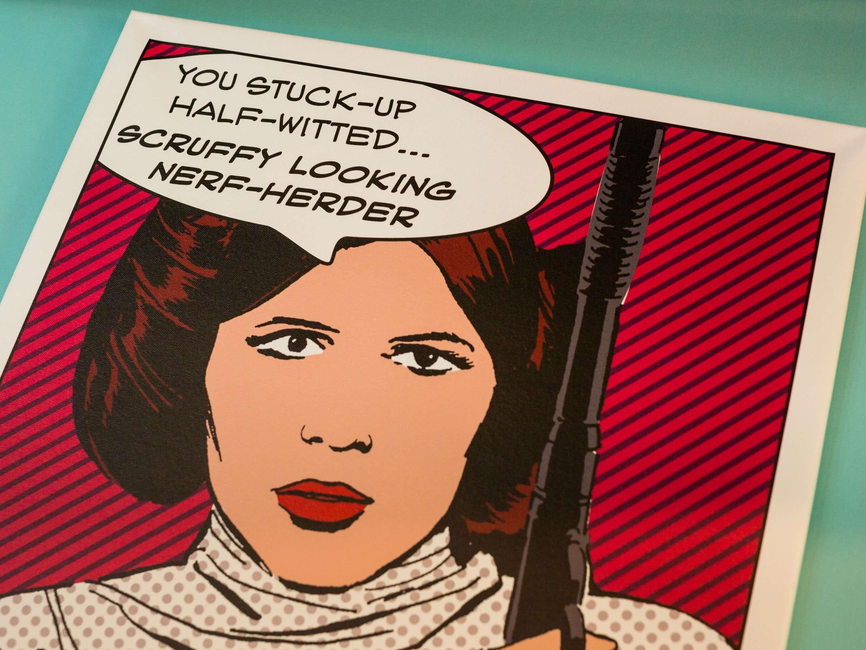 A comic-style illustration of a person holding a gun with a speech bubble containing text.