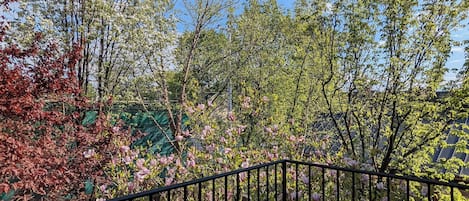 Chambre, 1 trĂšs grand lit, balcon, vue jardin | Vue depuis le balcon