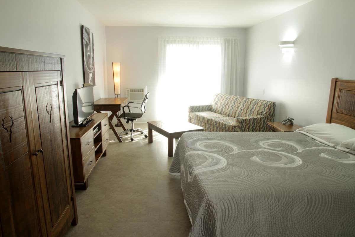 Une chambre d’hôtel comprenant un lit, un bureau avec une chaise, une armoire et une fenêtre avec des rideaux.