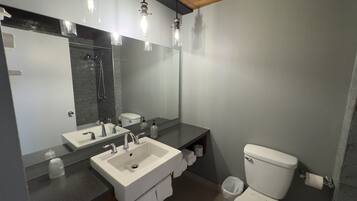 A modern bathroom with a large mirror, two sinks, a shower, and a toilet.