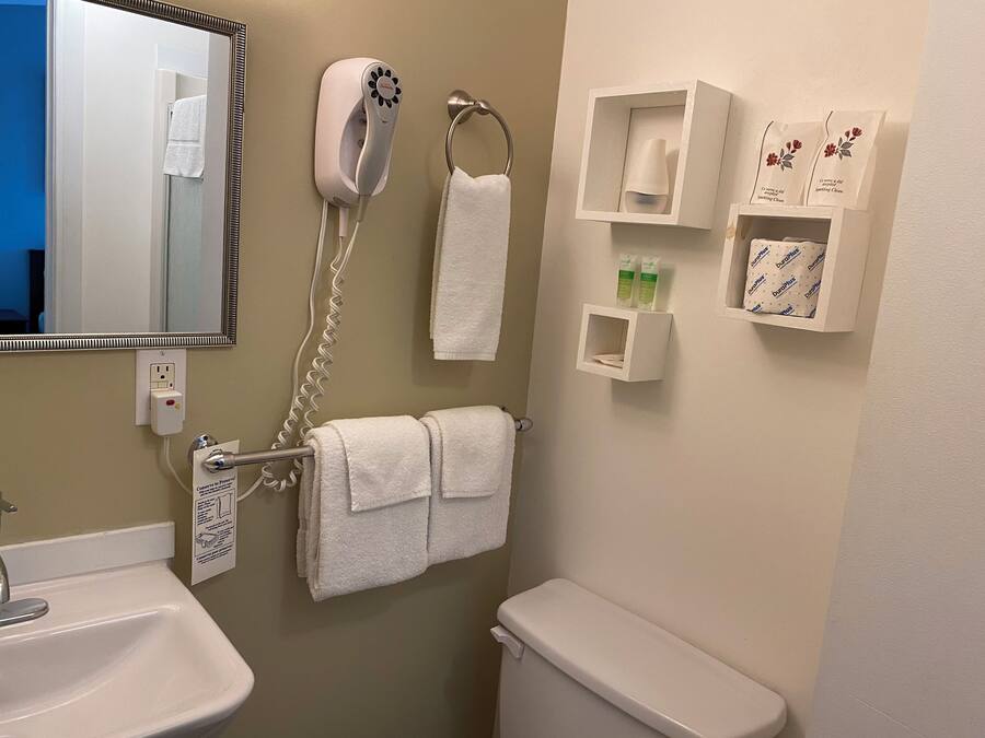 A bathroom with a sink, a toilet, a hairdryer, and a towel rack.