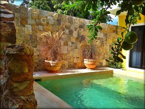 Una piscina al aire libre, sillones reclinables de piscina