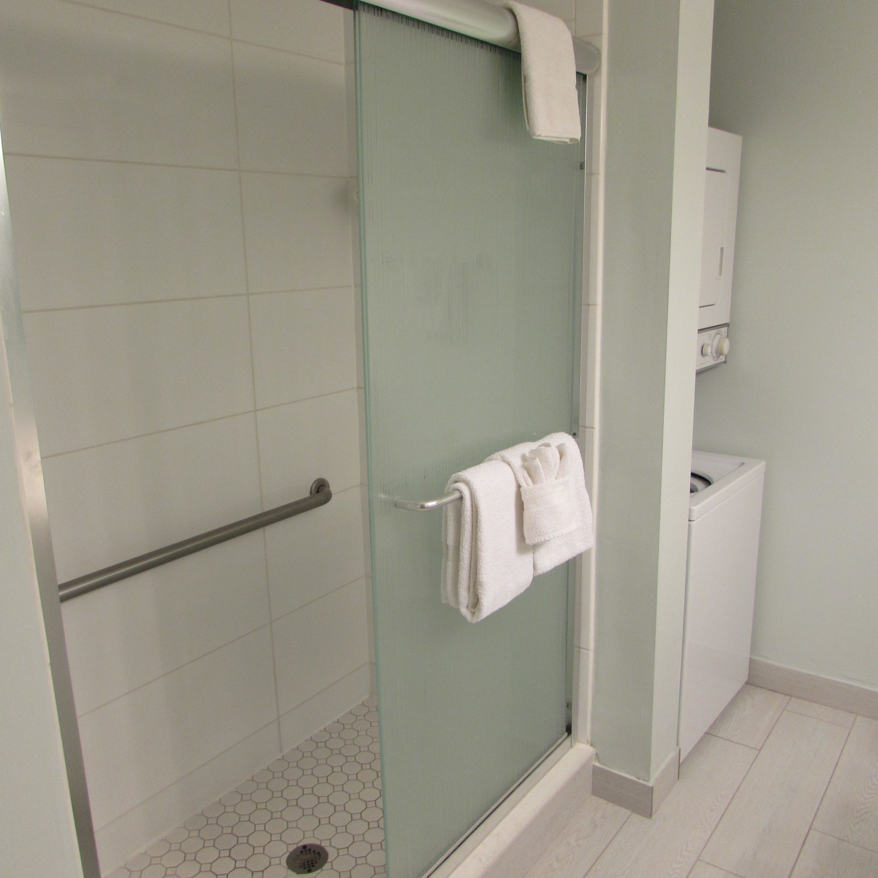 A shower with a glass door, a towel rack with a towel, and a handrail.