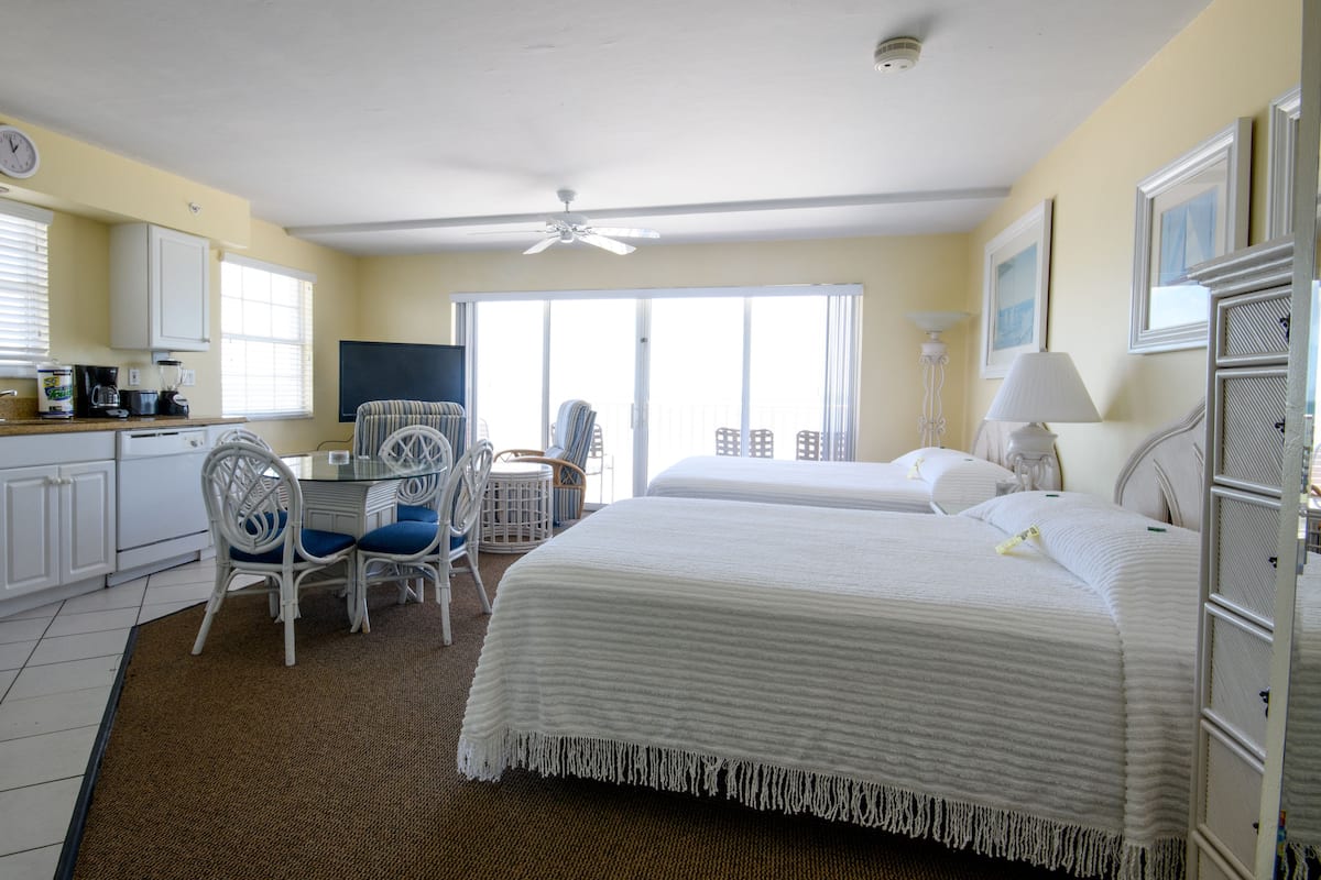 Studio, 2 Queen Beds, Ocean View | In-room safe, desk, laptop workspace, iron/ironing board