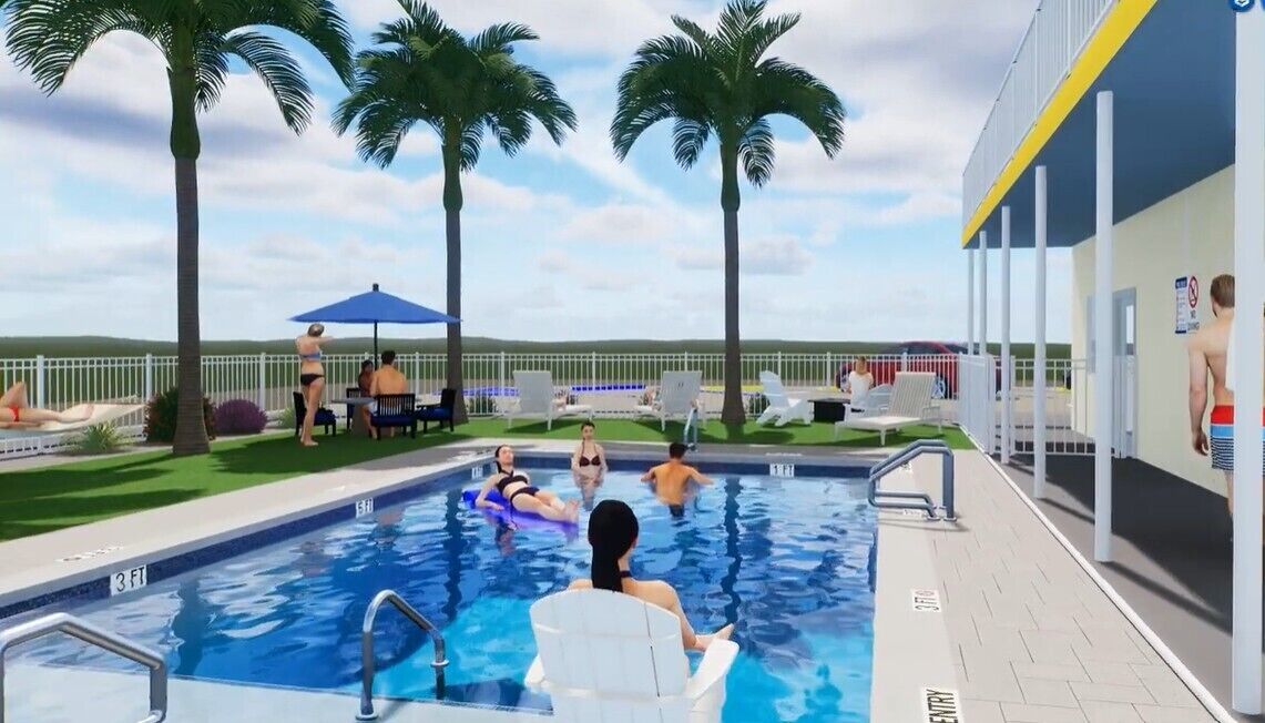Una piscina al aire libre, sombrillas, tumbonas