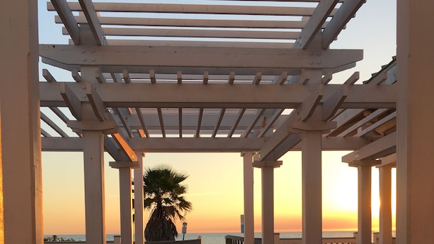 Eine Holzterrasse mit einer Pergola, einer Palme und einer Bank, mit Blick auf ein Gewässer bei Sonnenuntergang.