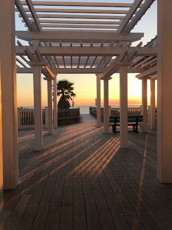 A wooden deck with a pergola structure, a palm tree, and a bench, overlooking a body of water at sunset.