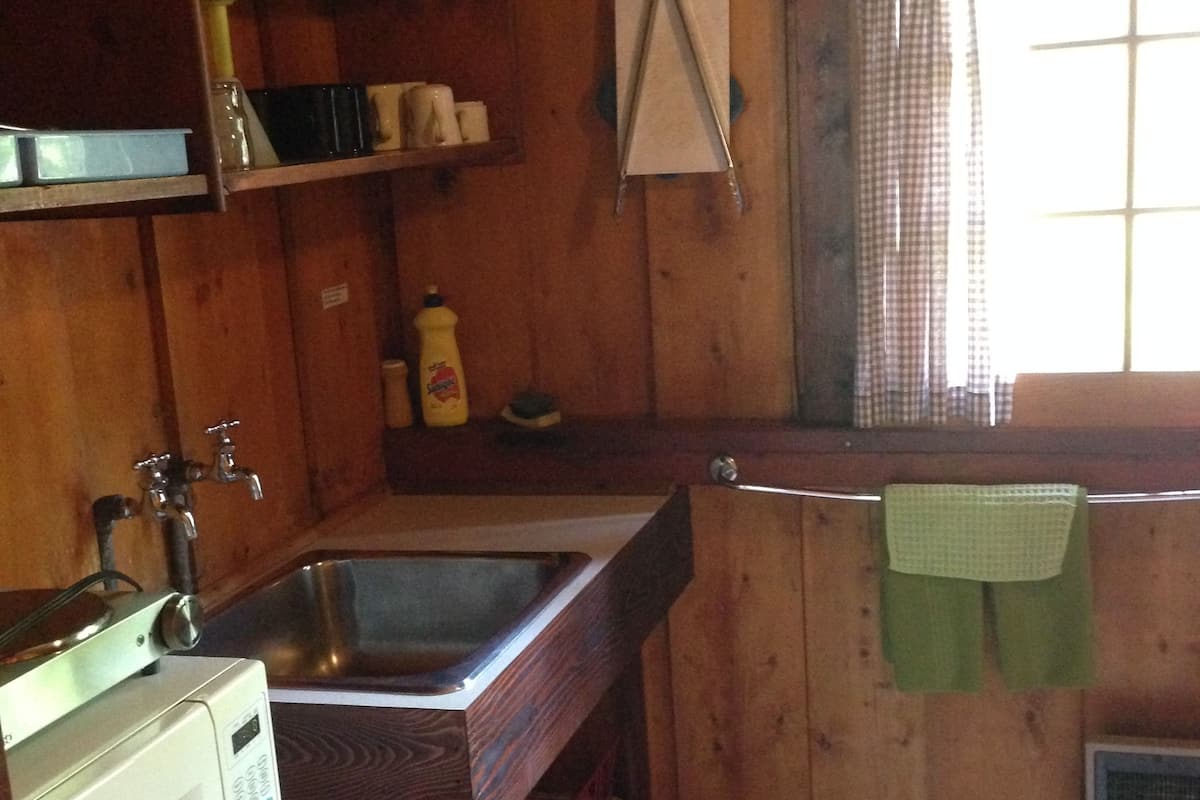 A compact kitchen with wooden cabinets, a sink, a microwave, and a window with curtains.