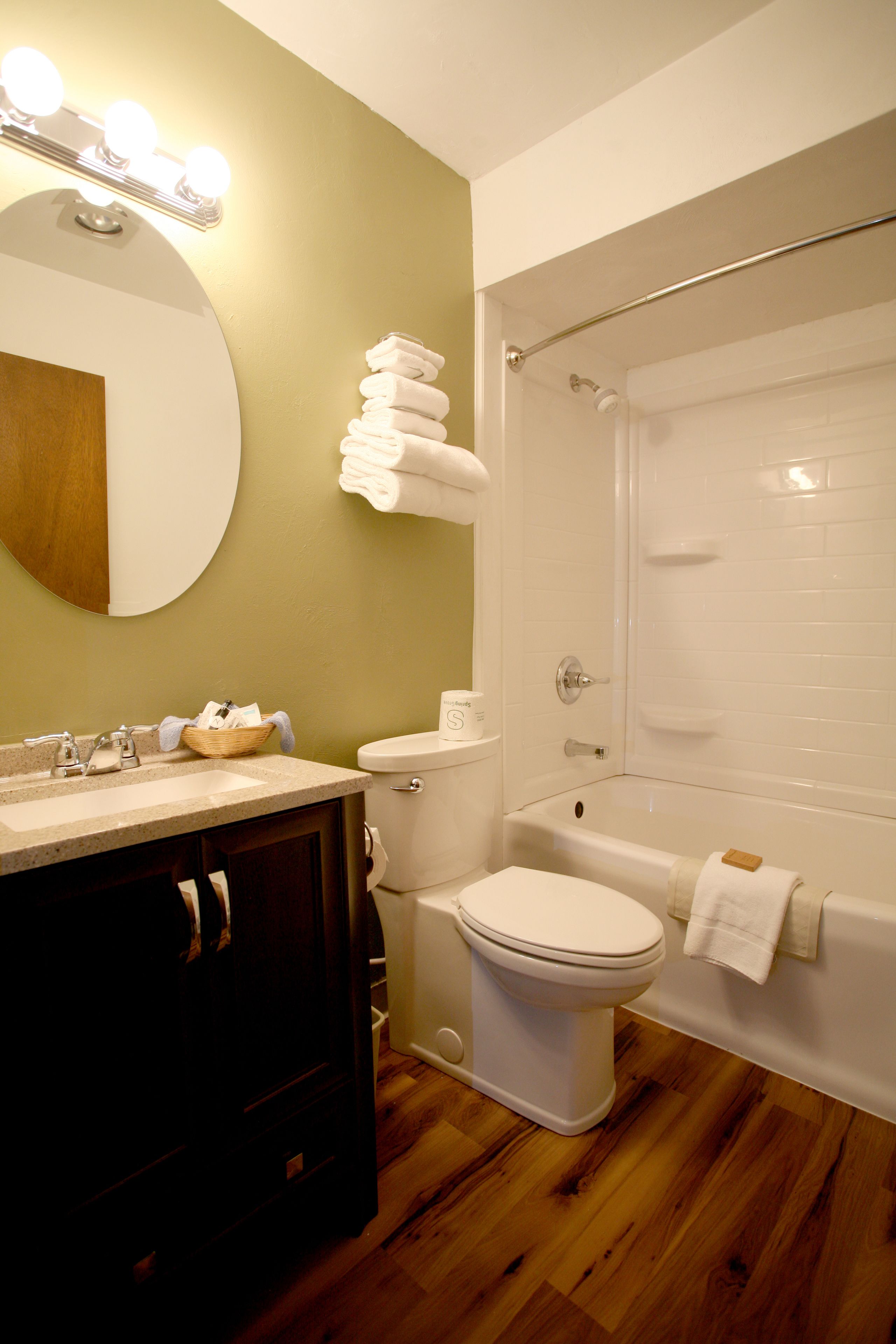 combined shower/bathtub, free toiletries, hair dryer, towels