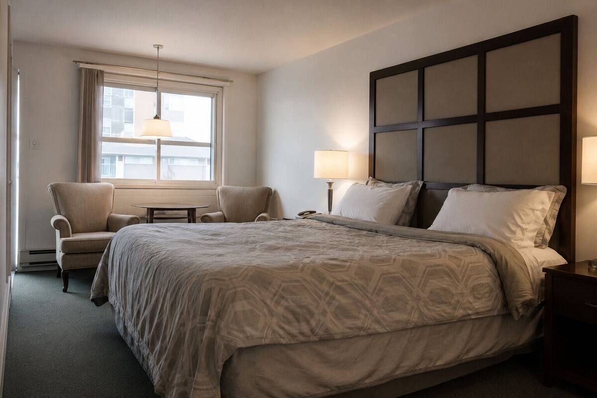 A hotel room with a large bed, two chairs, a small table, a window with curtains, and a headboard with a light fixture.