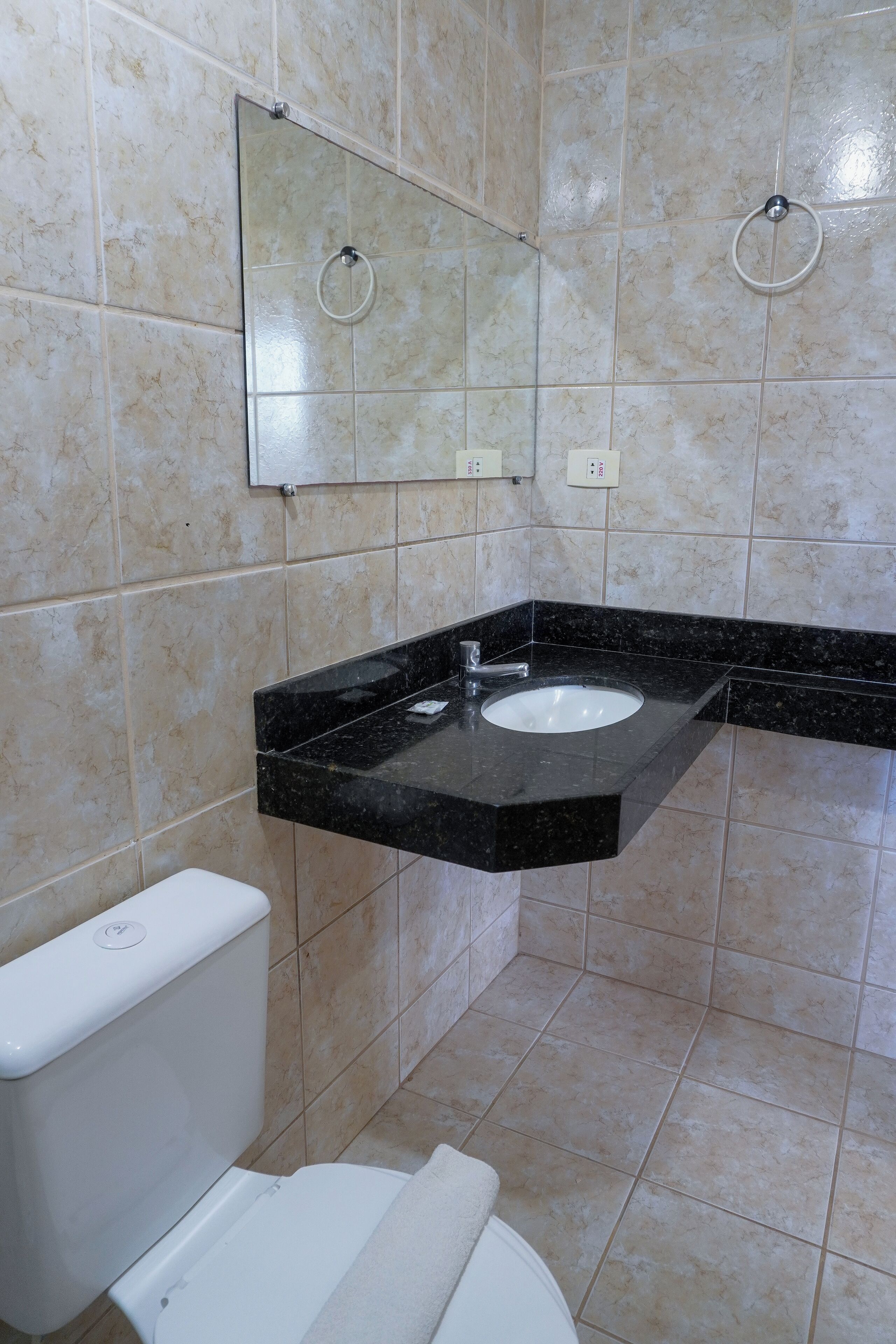 Een badkamer met toilet, wastafel en spiegel.