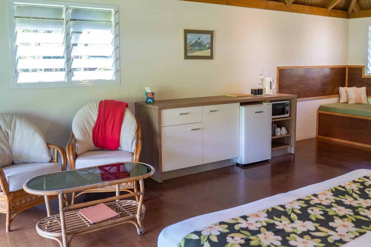 A cozy room with a bed, a dining table, a sofa, and a kitchenette.