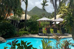 Outdoor pool, pool umbrellas, pool loungers