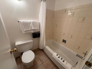 Combined shower/bathtub, free toiletries, towels