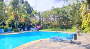 A swimming pool with blue water, surrounded by lush greenery and palm trees.