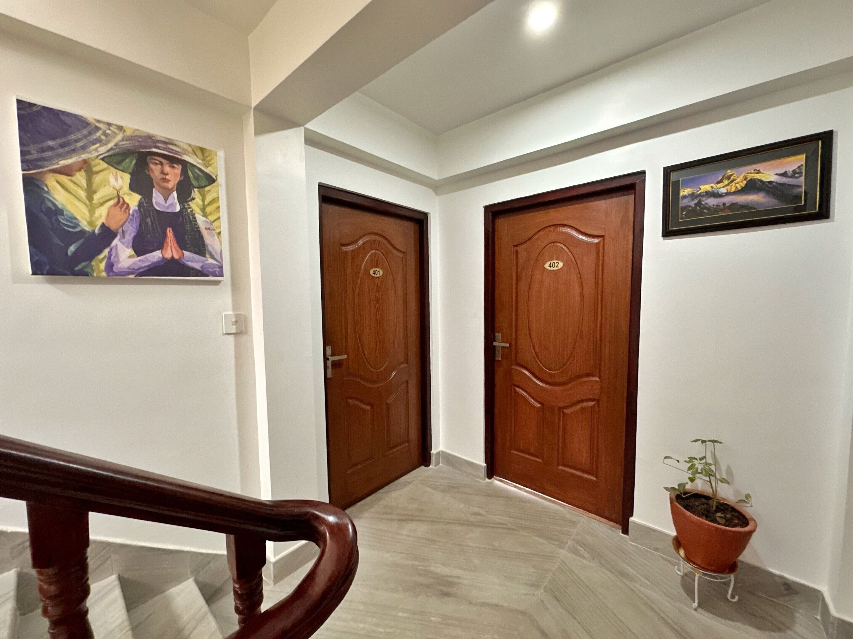 Un pasillo con dos puertas de madera, una planta en maceta y un cuadro en la pared.