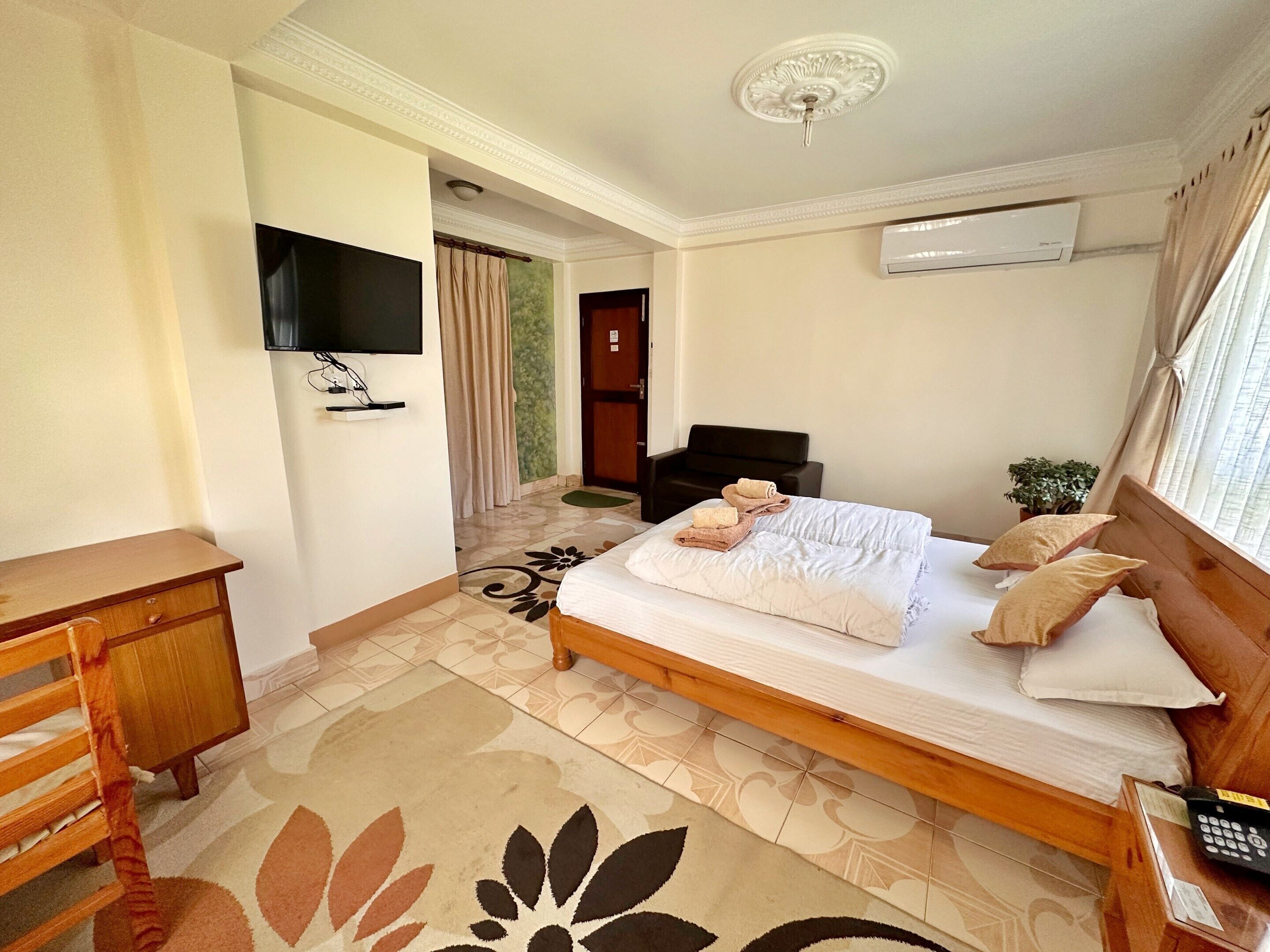 A hotel room with a bed, a desk, a TV, an air conditioner, and a potted plant.