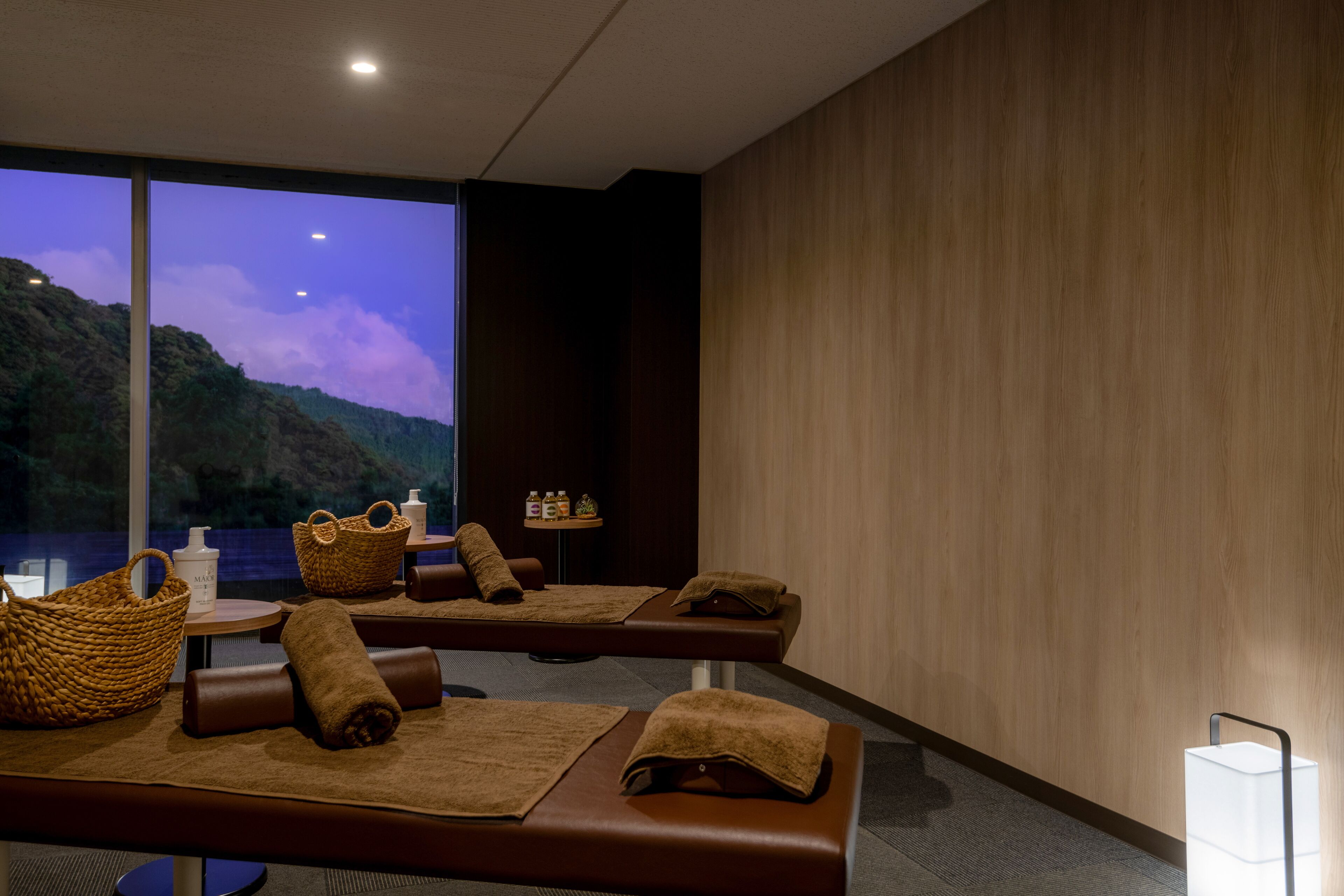 A spa room with massage tables, towels, and a view of a mountain.