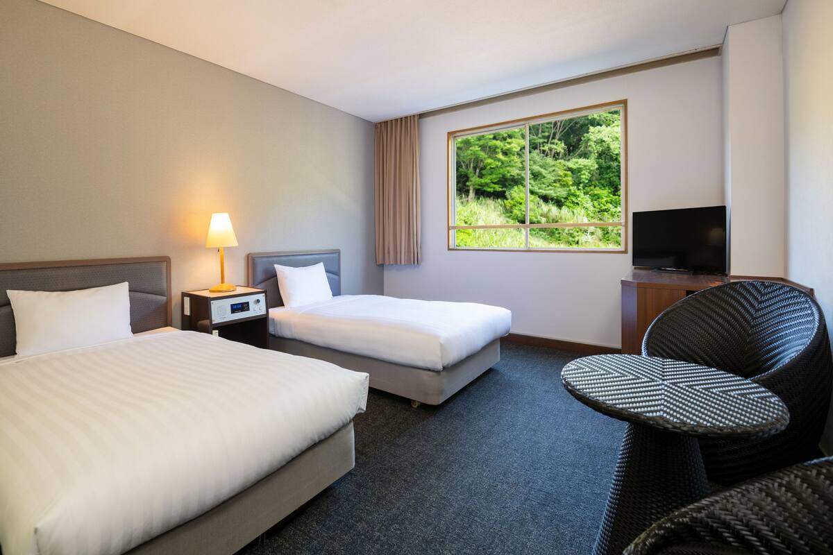 Ein Hotelzimmer mit zwei Betten, einem Fernseher, einer Lampe, einem Fenster mit Blick auf Grünflächen und einem Korbstuhl.