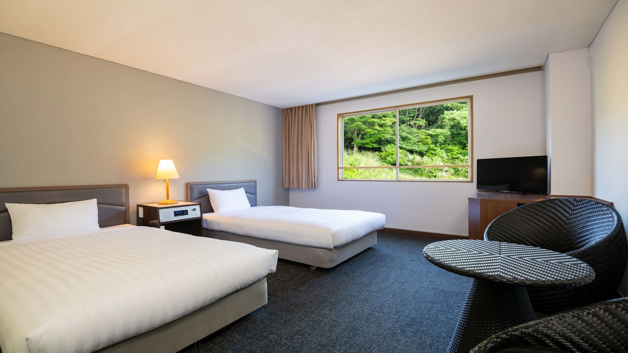Une chambre d’hôtel avec deux lits, une télévision, une chaise et une fenêtre donnant sur un paysage verdoyant.
