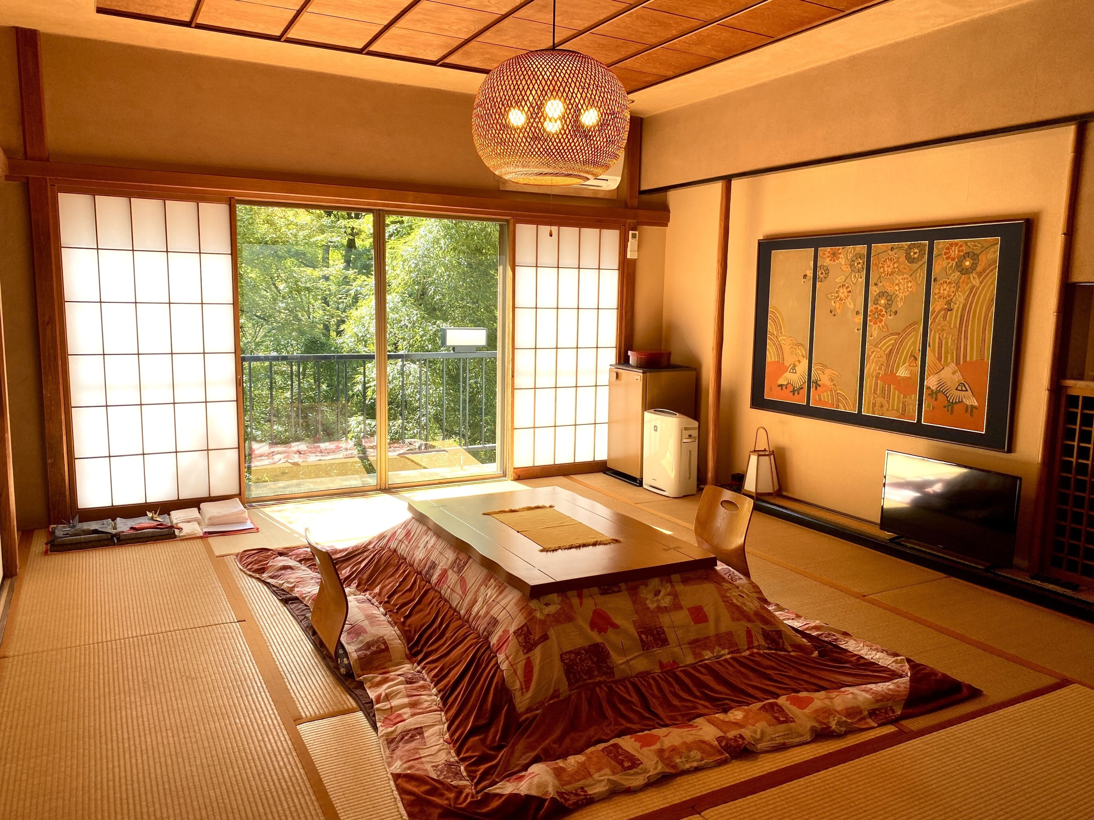 A traditional Japanese room with tatami flooring, sliding doors, a tatami mat sofa, a television, and a hanging light fixture.