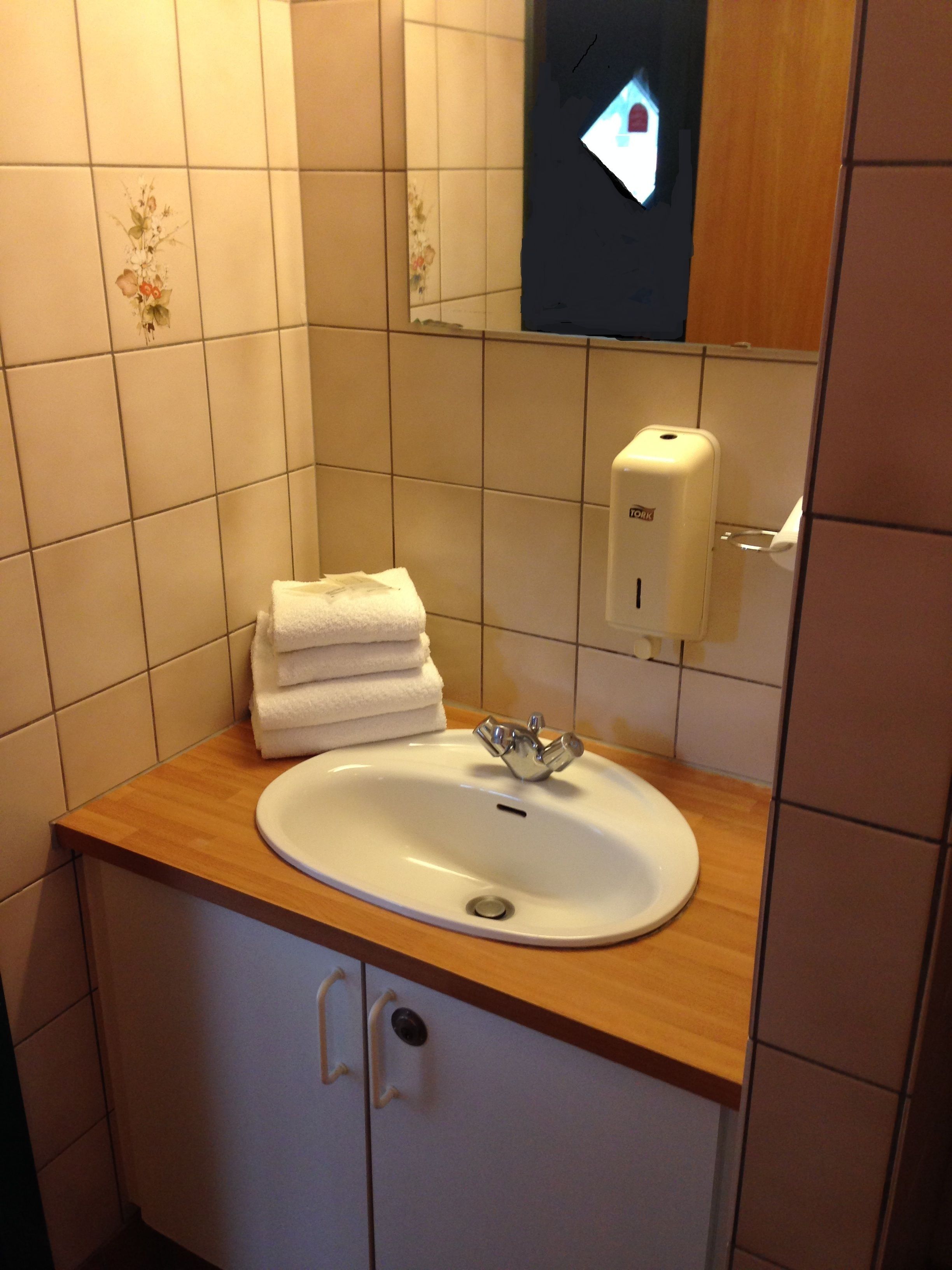 Une salle de bain équipée d’un lavabo, d’un miroir et d’un distributeur de serviettes.