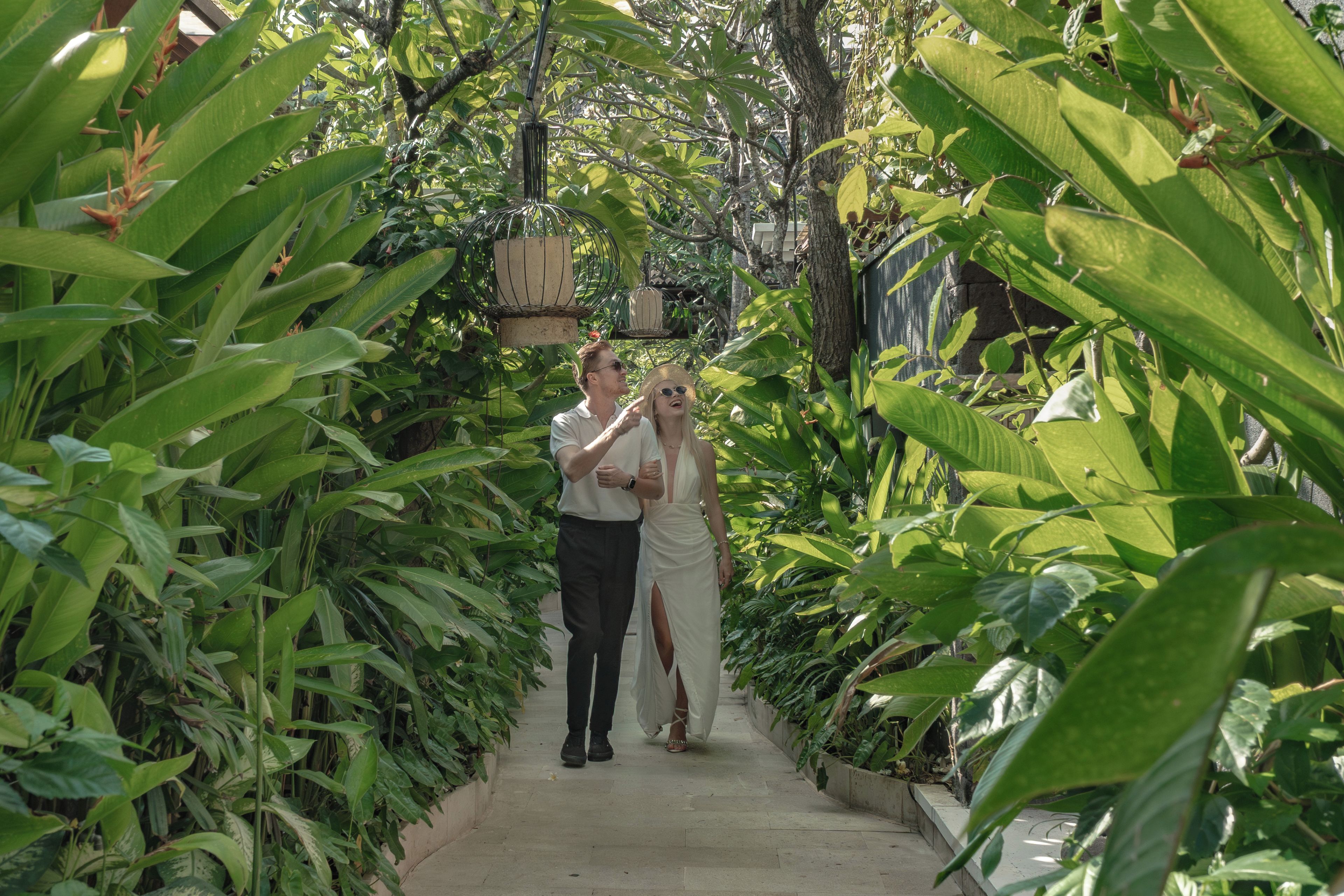 A pathway flanked by lush greenery, leading to a structure with a tiled roof.