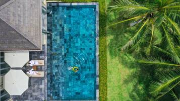 Vista aérea de una piscina rectangular con una persona en un flotador, rodeada de palmeras y un césped bien cuidado.