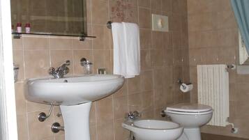 Shower, rainfall showerhead, bidet, towels