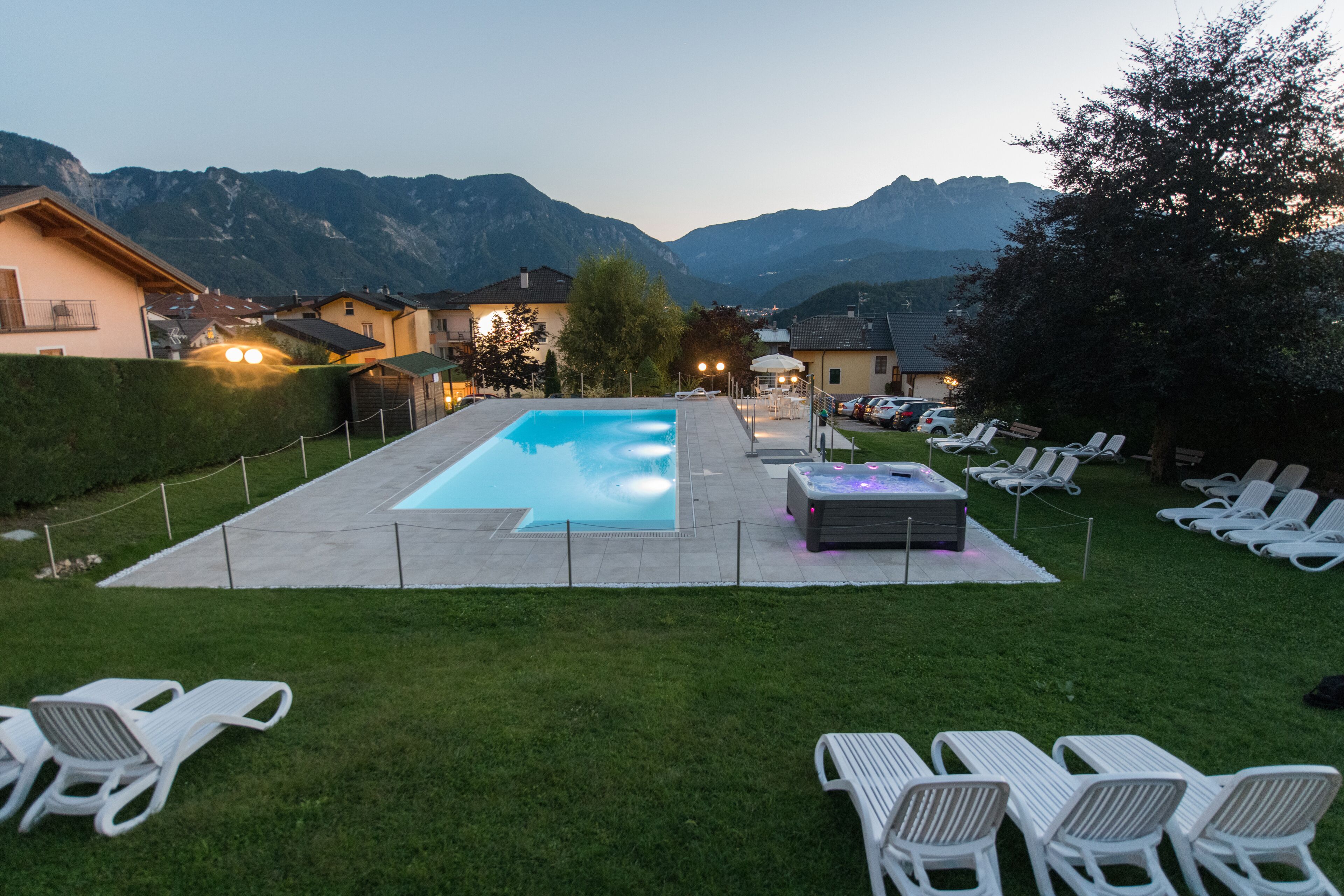 Seasonal outdoor pool, pool umbrellas, pool loungers