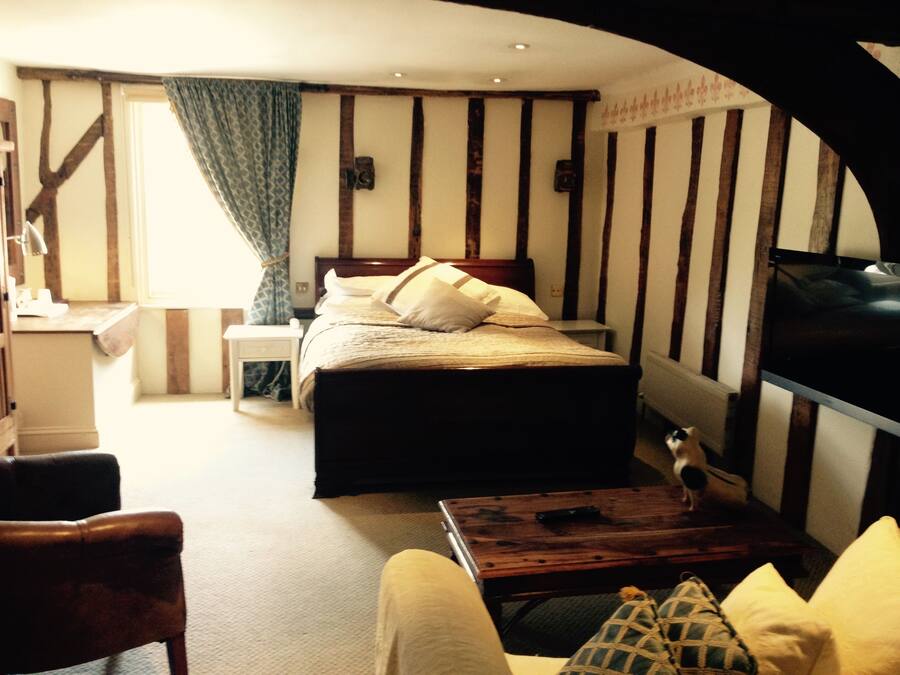 A bedroom with a bed, a wooden nightstand, a desk, a chair, and a television.