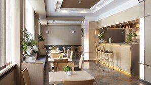 Un restaurante moderno con muebles de madera, una zona de bar y plantas en macetas.