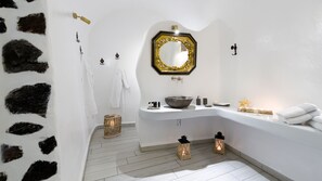 Traditional Suite | Bathroom | Separate tub and shower, jetted tub, free toiletries, hair dryer - Fira Deep Blue Suite (Santorini)