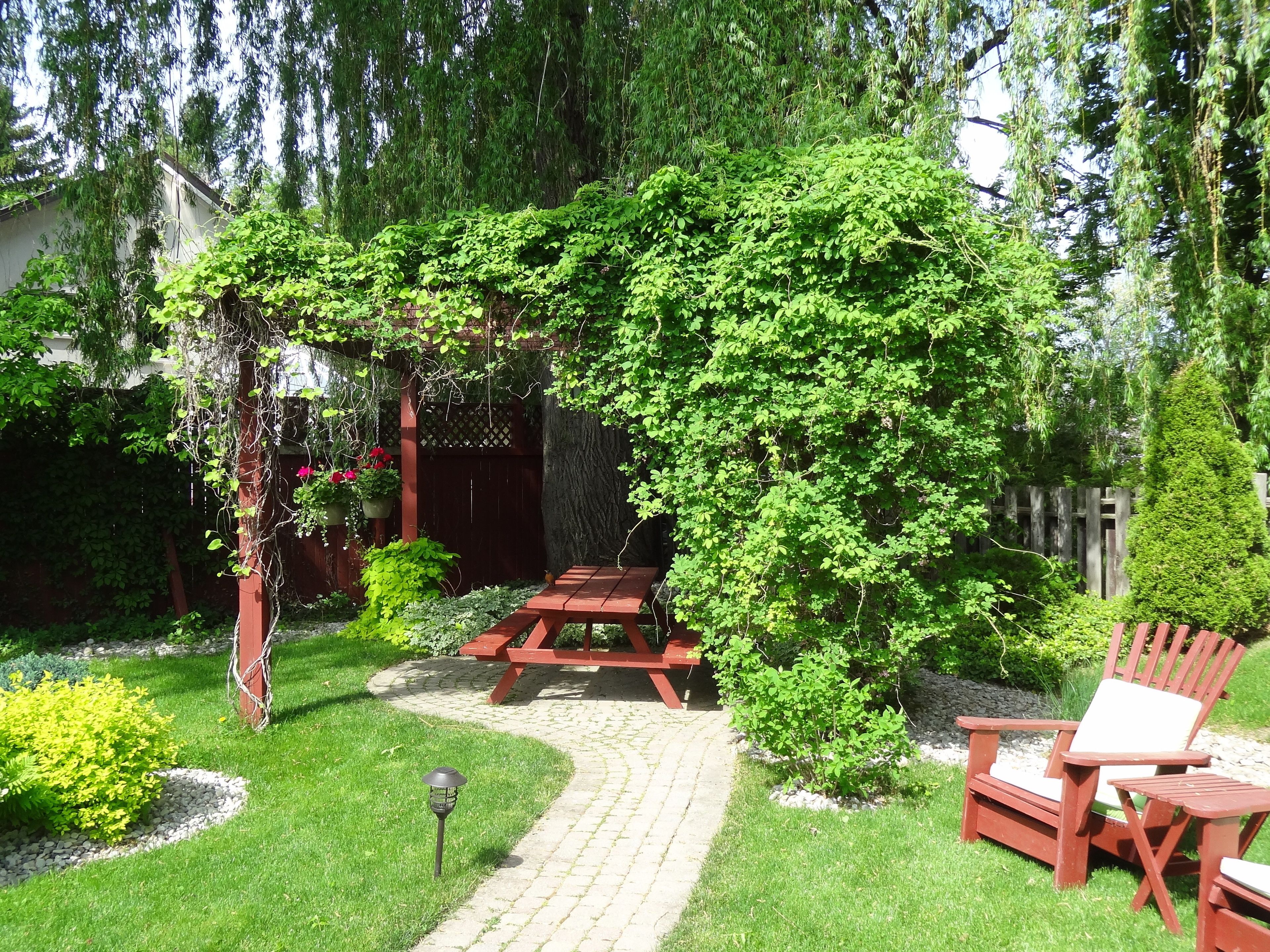 A garden with a wooden pergola covered in greenery, a picnic table, and a red chair.