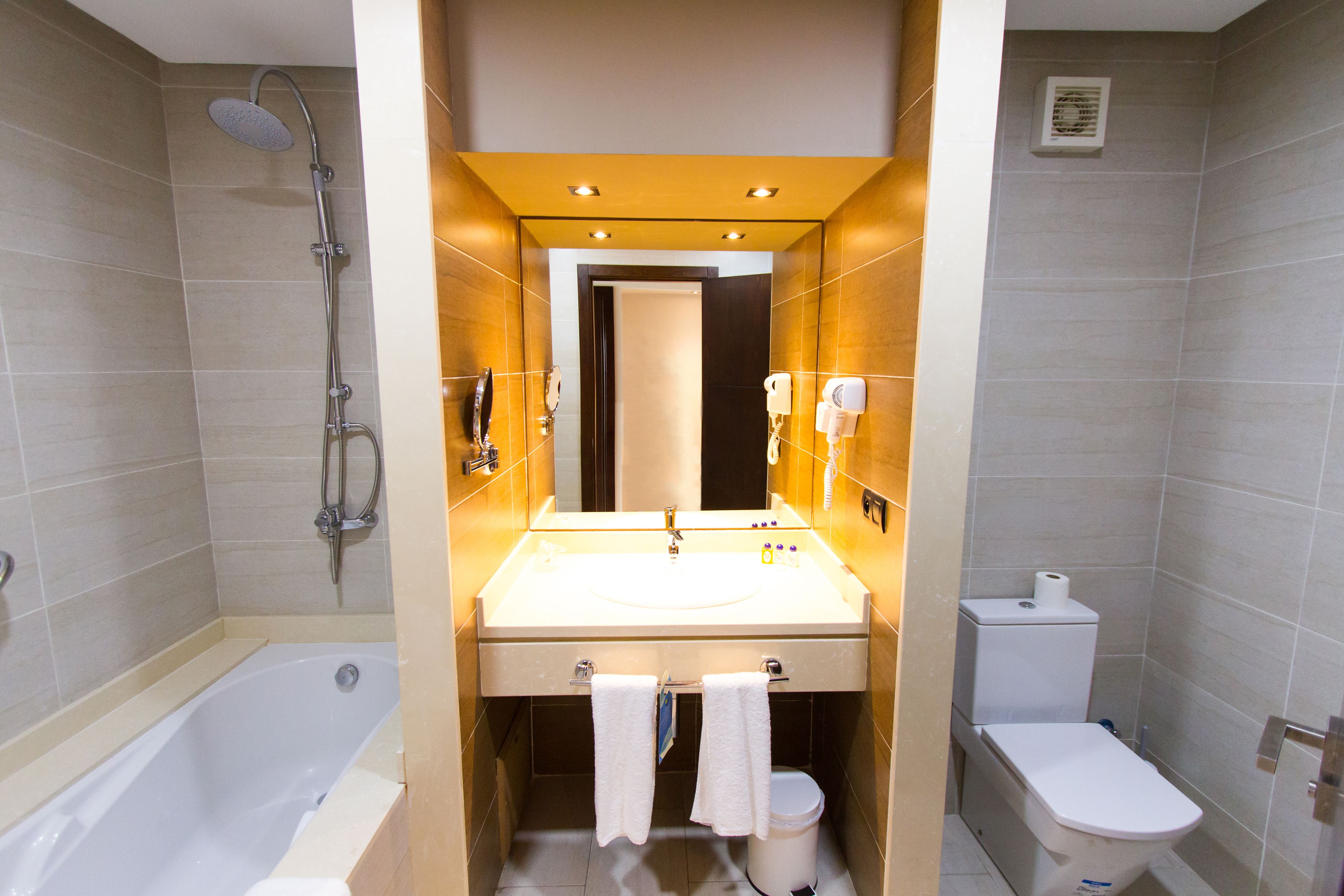 combined shower/bathtub, free toiletries, hair dryer, towels