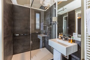 Comfort Double Room | Bathroom | Rainfall showerhead, designer toiletries, hair dryer, slippers