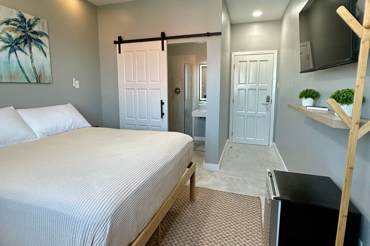 A bedroom with a bed, ceiling fan, TV, and a small kitchenette.