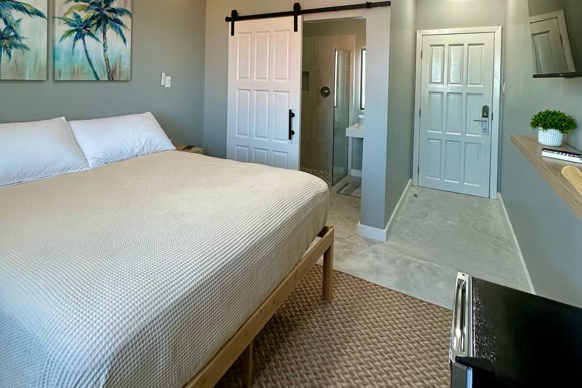 A bedroom with a bed, ceiling fan, and artwork on the wall.