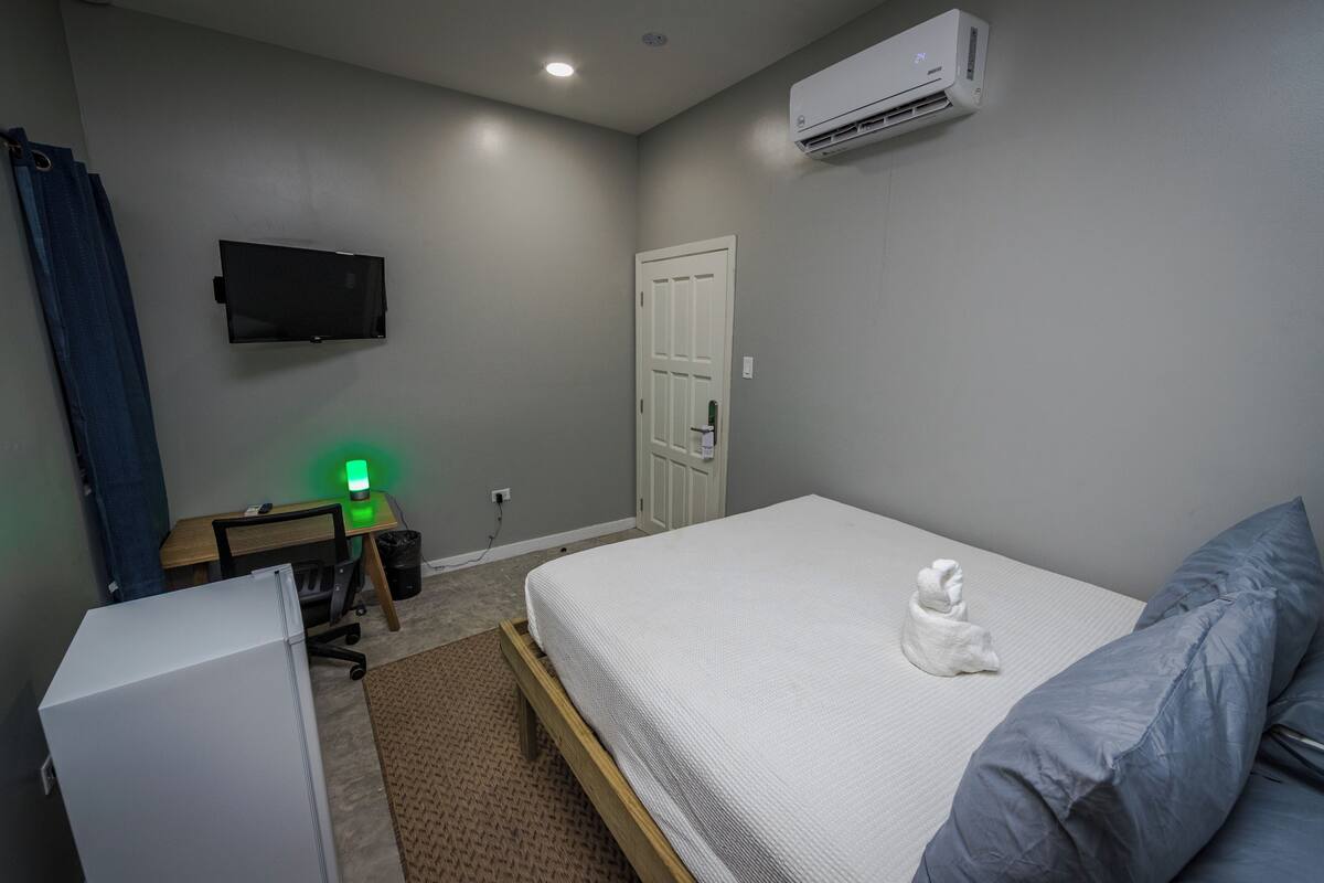 A bedroom with a bed, a desk, a chair, a television, an air conditioner, and a door.