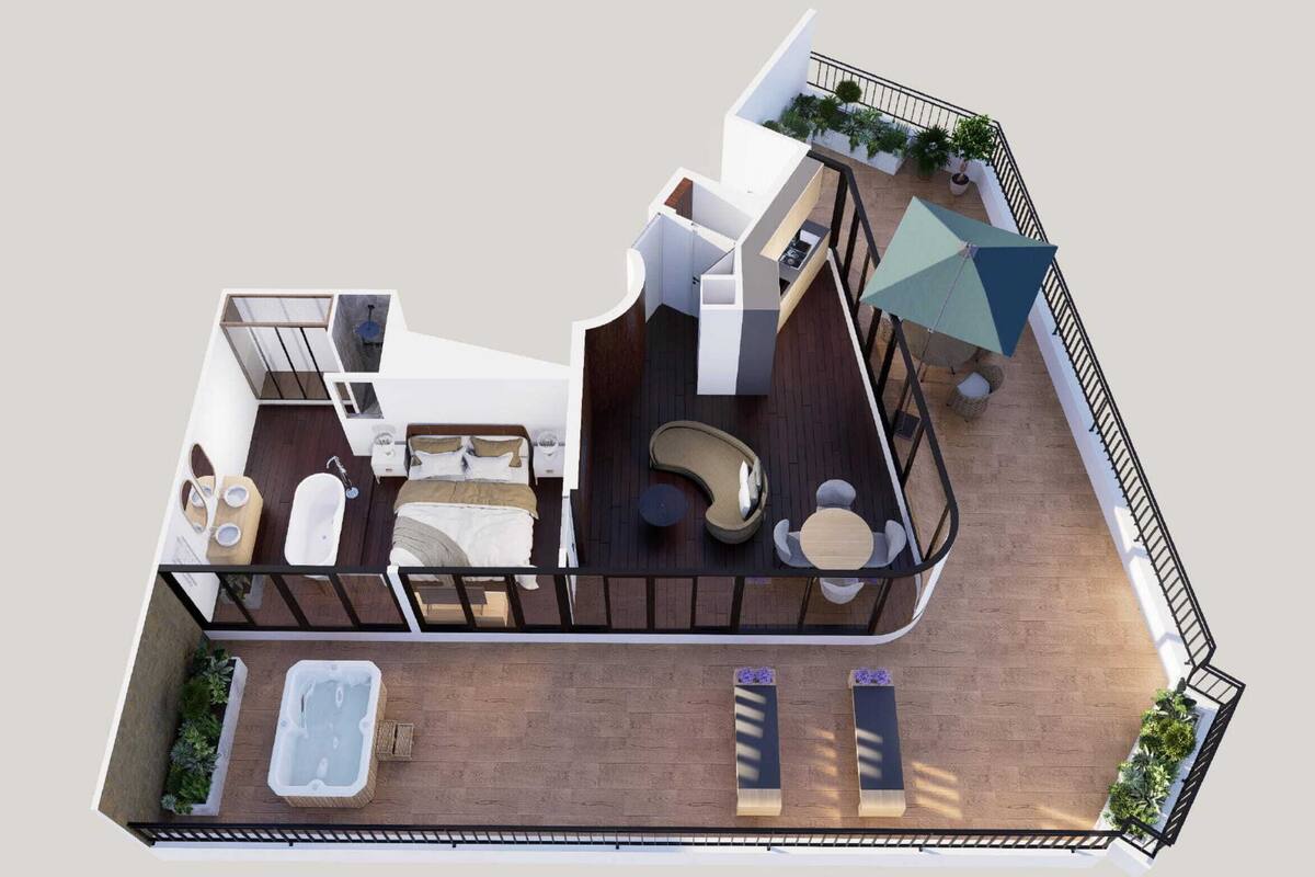 Vista panorámica de 360 grados de una habitación de hotel moderna, de varios niveles, con balcón, jacuzzi, zona de comedor y terraza solárium.