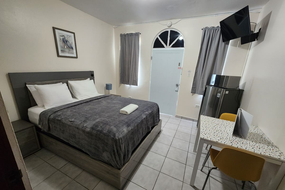 A hotel room with a bed, a desk, a chair, a TV, and a door with curtains.