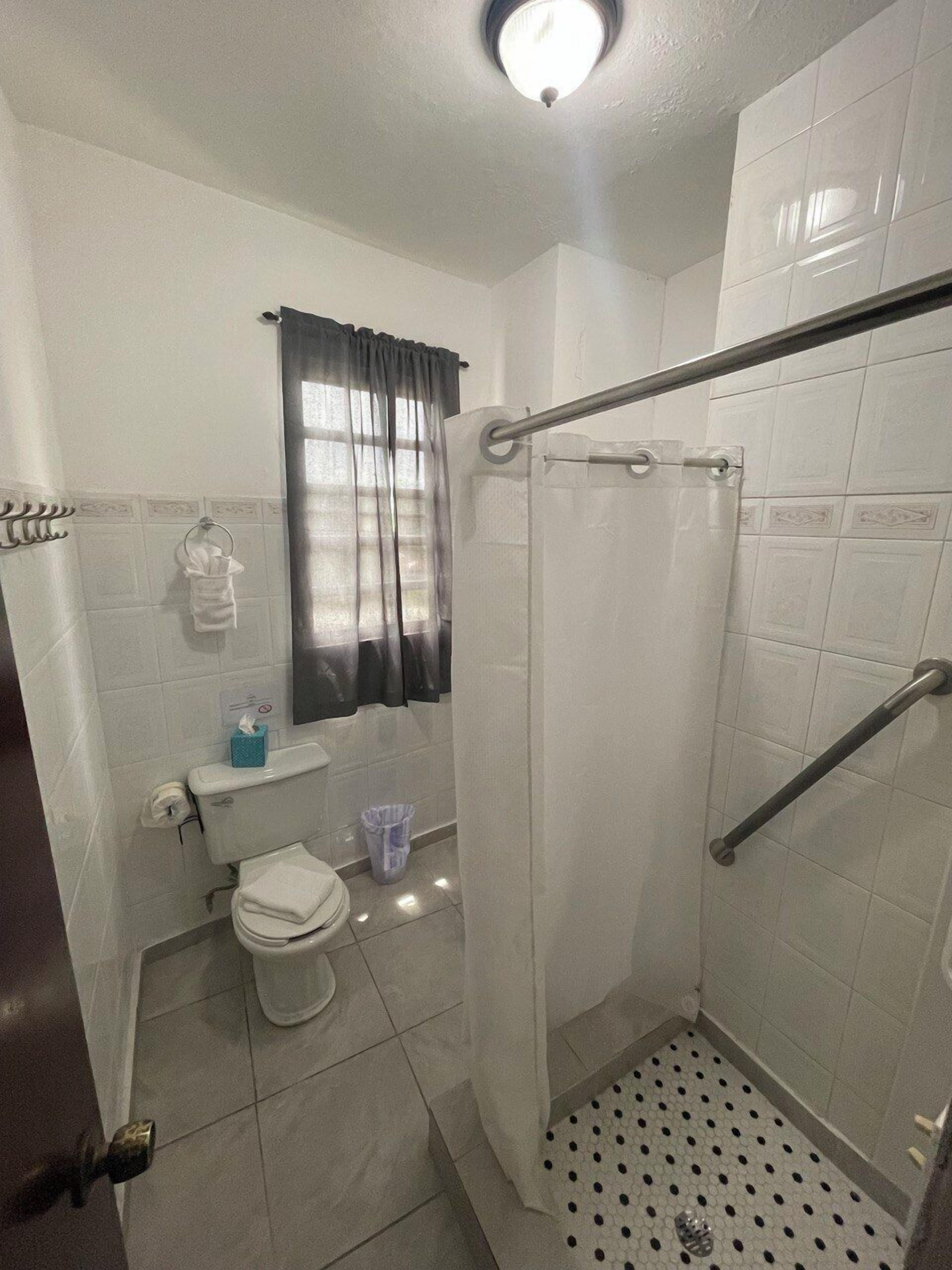 A small, clean bathroom with a toilet, a shower with a glass door, a handrail, and a toilet paper holder.