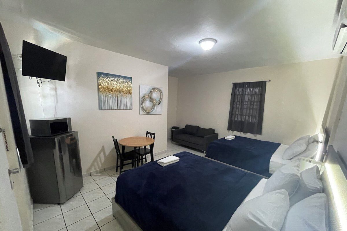 A hotel room with two beds, a desk, a chair, a sofa, a TV, and a refrigerator.