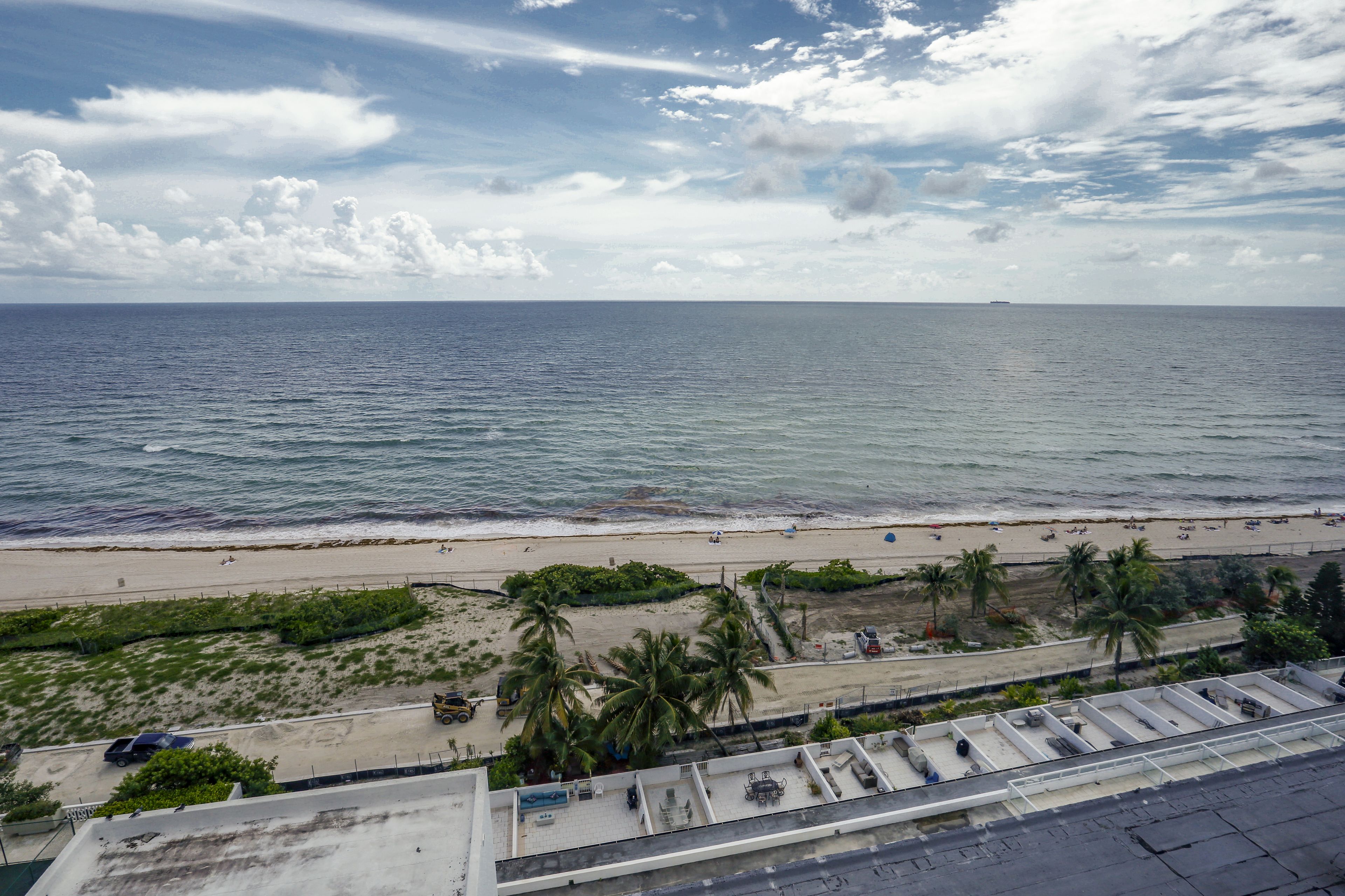 Vista de la playa con cielo despejado, palmeras y un estacionamiento con un edificio al frente.