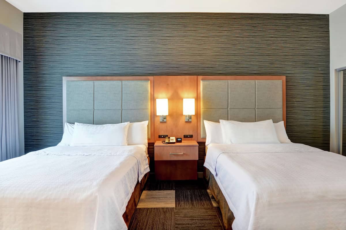 desk, laptop workspace, blackout curtains, iron/ironing board